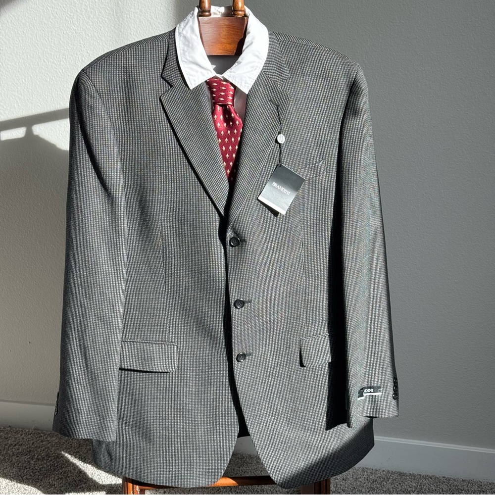 NWT Brandini 100% Wool Blazer 44L Black Gray Sport Coat Classic 3 Button Check